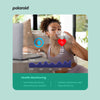 Woman drinking water with health monitoring interface on a light blue background