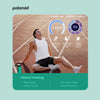 Person on a running track with fitness tracking app interface overlay, featuring Polaroid brand.