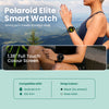 Polaroid Elite Smart Watch advertisement with a person sitting outdoors wearing the watch.