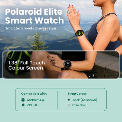 Polaroid Elite Smart Watch advertisement with a person sitting outdoors wearing the watch.