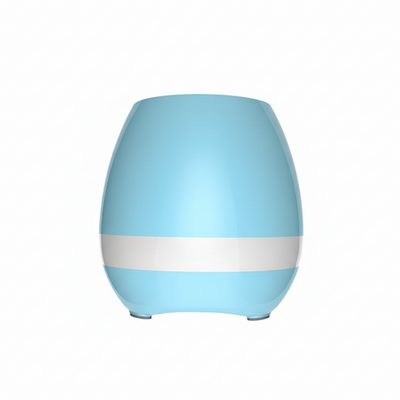 Blue and white cylindrical device on a white background