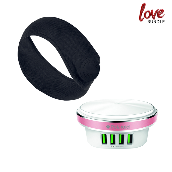 Black headband and white electronic device with pink accents on a white background, featuring the brand 'Polaroid'.