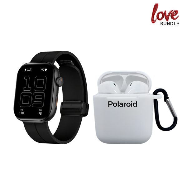 Polaroid Boost Smart Watch + Polaroid Bluetooth True Wireless Series Stereo Earbuds with Silicone Charging Dock