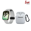 Smartwatch and Polaroid case on a white background with 'love' text.