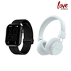 Black smartwatch and white headphones on a white background with 'love bundle' text.