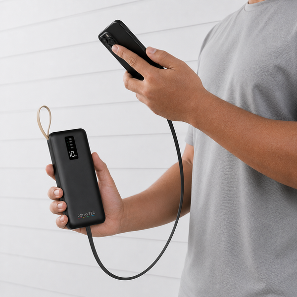 Person holding a phone and a Porlatec power bank with a white background