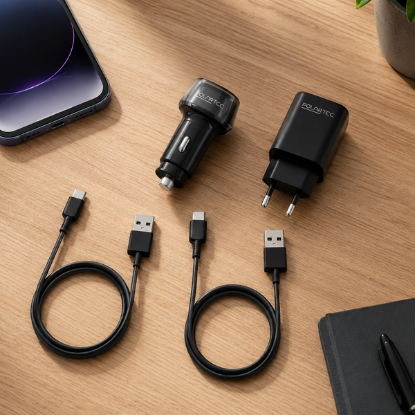 A set of Polartec black charging accessories arranged on a wooden desk, including a car charger, a wall charger, and two USB-C to USB-A cables, with a smartphone and notebook nearby as props.