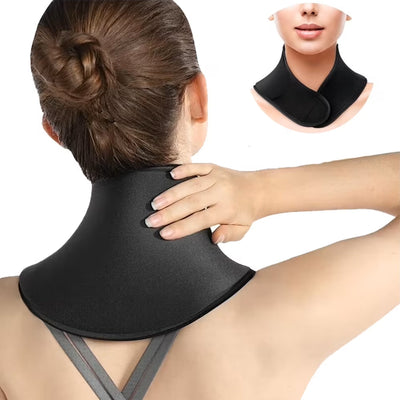Person wearing a black neck support brace with an inset showing the product.
