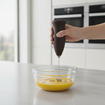 Hand using a hand mixer to beat eggs in a glass bowl on a kitchen counter.
