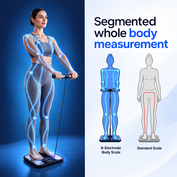 A promotional graphic for a body scale showing a woman standing on the scale and holding a resistance band, with blue highlighted body measurements. The right side includes text reading 'Segmented whole body measurement' and two simplified body diagrams labeled '8-Electrode Body Scale' and 'Standard Scale'.