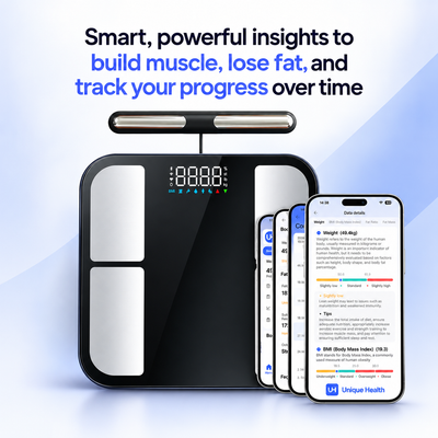 A digital body fat and body composition scale with a built-in LED light, shown alongside a smartphone displaying health report charts. The image includes promotional text at the top: 'Smart, powerful insights to build muscle, lose fat, and track your progress over time' on a light blue and white gradient background.