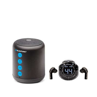 Black Bluetooth speaker and earbuds with digital display on a white background