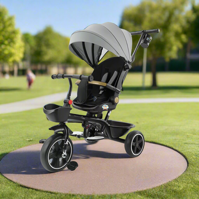 Child's tricycle with canopy in a park setting