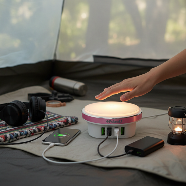 Camping scene with a hand reaching towards a portable power station, phone, and lantern inside a tent.