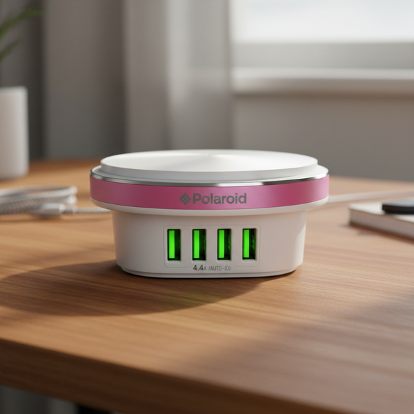 Polaroid four-socket charging station on a wooden surface with green indicator lights.