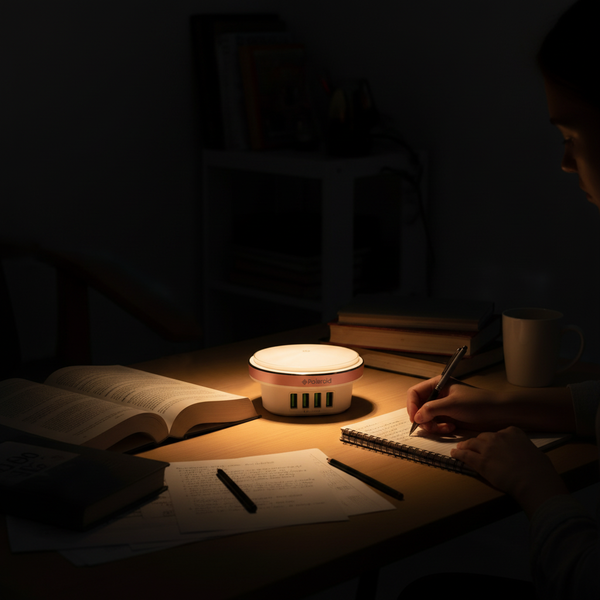 Person writing in a notebook with a portable lamp and books on a table in a dimly lit room