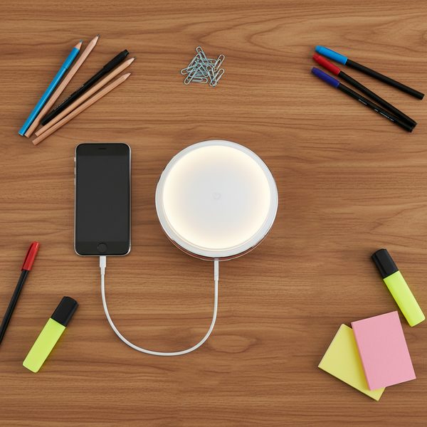 Small round lamp on a wooden surface with a phone, pens, and sticky notes.