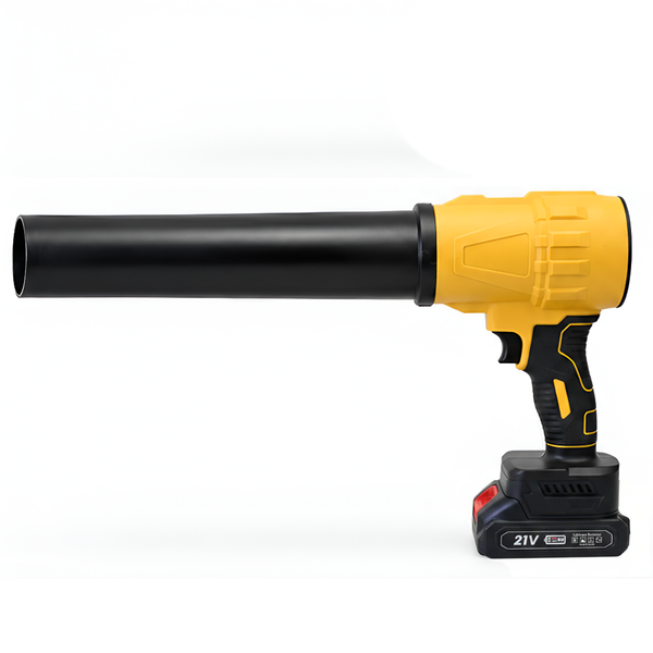 A cordless leaf blower with a long black nozzle, yellow and black handle, and attached battery pack, shown on a plain white background.