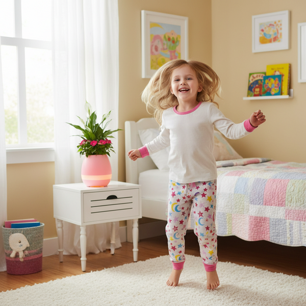 Child in pajamas standing in a bedroom with a bed and nightstand in the background