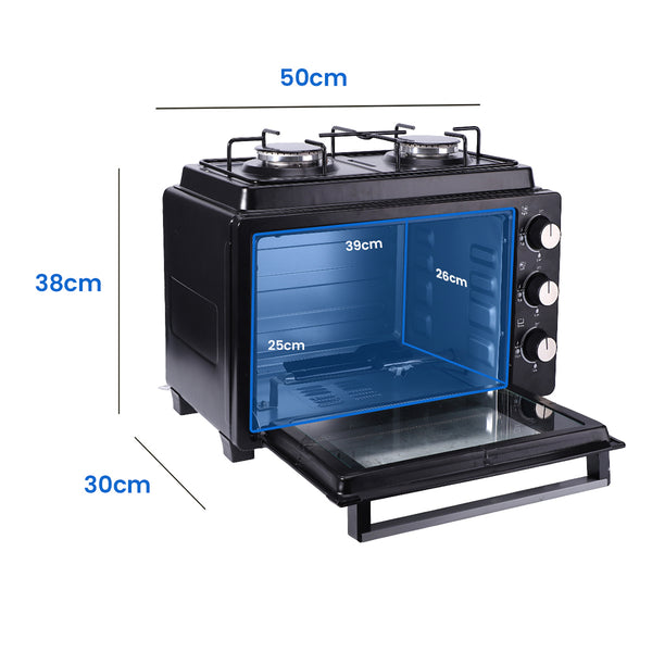Portable gas stove with oven and dimensions labelled on a white background