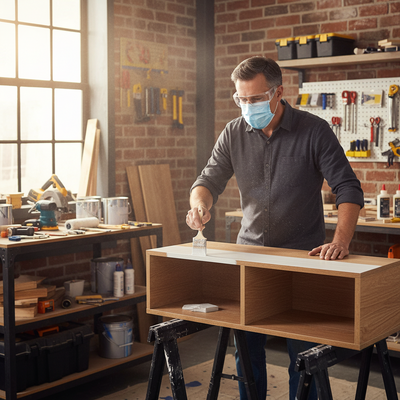 Man working on a wooden project in a workshop wearing safety glasses and a face mask.