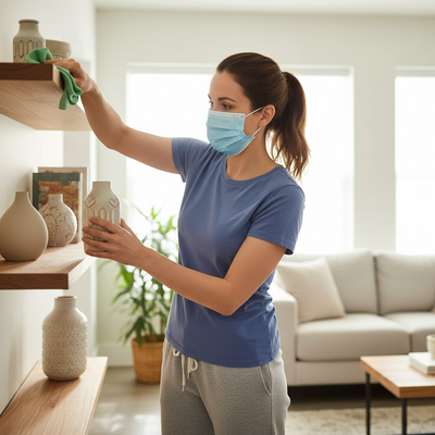 Woman cleaning a shelf in a living room wearing a face mask.