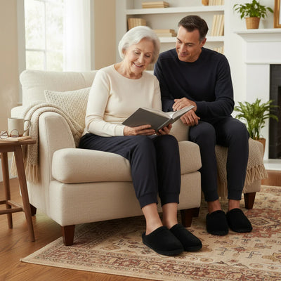 Man and woman sitting on a couch in a cozy living room, wearing black slippers.