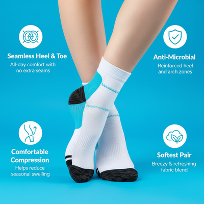 White socks with black toes and heels on a blue background, featuring text about sock features.