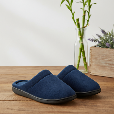 Pair of blue slippers on a wooden surface with a vase and plant in the background.